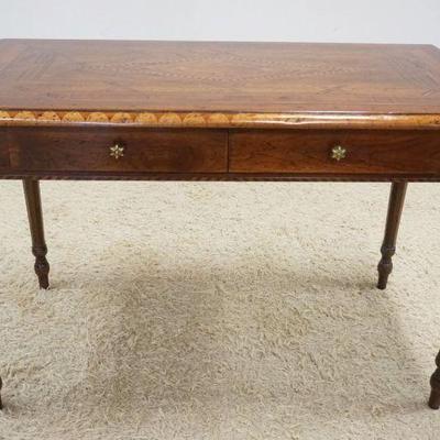 1121	MAHOGANY 2 DRAWER WRITING TABLE W/BANDED & BOOK MATCHED DIAMOND INLAY TOP, APPROXIMATELY 29 IN X 26 IN X 32 IN HIGH
