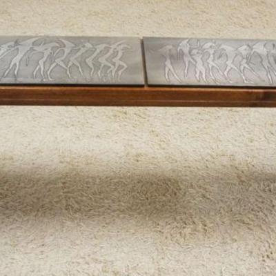 1117	MIDCENTURY JOHN STUART TABLE W/2 METAL EGYPTIAN PLAQUES, ARTIST SIGNED, APPROXIMATELY 55 1/2 IN X 12 IN X 24 IN HIGH
