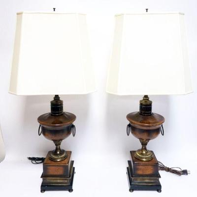 Sale Photo Thumbnail #186: 1186	PAIR OF FREDRICK COOPER TABLE LAMPS, WOOD & BRASS DOUBLE HANDLE URNS, EACH APPROXIMATELY 36 IN HIGH
