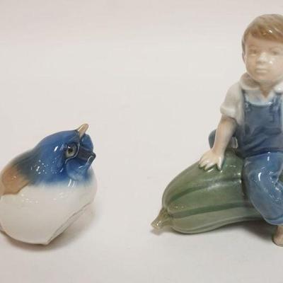 1037	ROYAL COPENHAGEN FIGURE *BOY ON MELON* & B&G BIRD FIGURE, TALLEST APPROXIMATELY 5 IN
