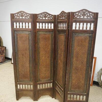 1178	4 PART FOLDING SCREEN W/CARVED FRETWORK CREST OVER TURNED SPINDLES & INSET CANE PARTS, APPROXIMATELY 64 IN X 70 IN HIGH

