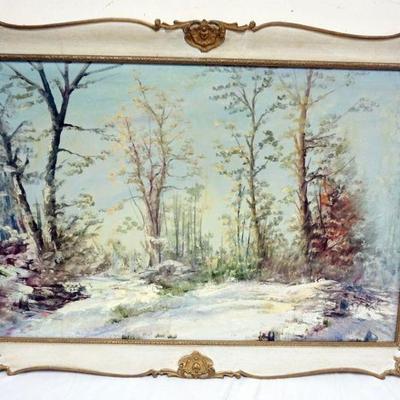1204	OIL PAINTING ON CANVAS, LANDSCAPE WINTER, APPROXIMATELY 30 IN X 42 IN
