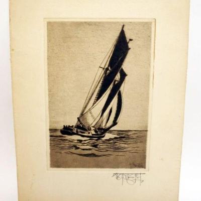 1201	JOSEPH EDWARD KNOWLES ENGRAVING, ARTIST SIGNED, SAILING SHIP, APPROXIMATELY 10 IN X 13 IN OVERALL
