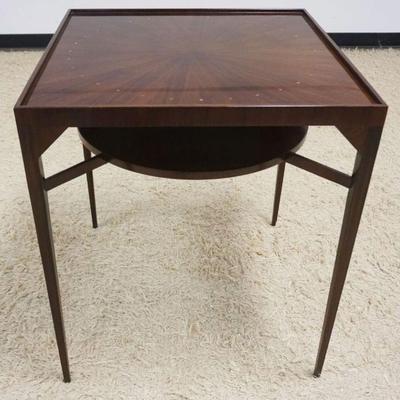 1115	EJ VICTOR INLAID LAMP TABLE, CHERRY W/MAPLE & ROSEWOOD VENEER & INLAY #8700-42-270, APPROXIMATELY 26 IN SQUARE X 30 IN HIGH
