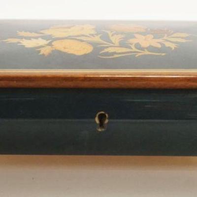 1004	REUGE SWISS MUSIC BOX, FLORAL INLAID & BANDED CASE, TUNE *WE'VE ONLY JUST BEGUN* APPROXIMATELY 5 IN X 8 IN X 2 3/4 IN HIGH
