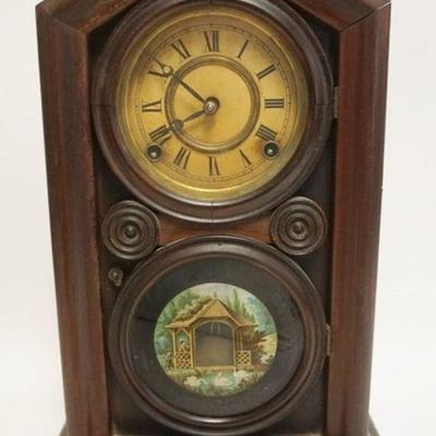 1091	ANTIQUE SHELF CLOCK E INGRAHAM & CO *DORIC* W/IMAGE OF GAZEBO & SWANS ON LAKE ON LOWER DOOR, UNUSUAL FIGURE 8 DOOR, ORIGINAL...
