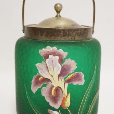 Sale Photo Thumbnail #18: 1018	ANTIQUE EMERALD GREEN SATIN GLASS HAND PAINTED BISCUIT JAR, APPROXIMATELY 8 IN HIGH
