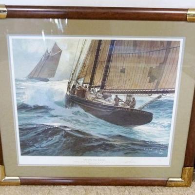 1210	THOMAS M HOYNE FRAMED & MATTED SHIP PRINT *OFF FOR THE BANKS* ARTIST SIGNED & NUMBERED 215/780 APPROXIMATELY 38 IN X 33 IN...