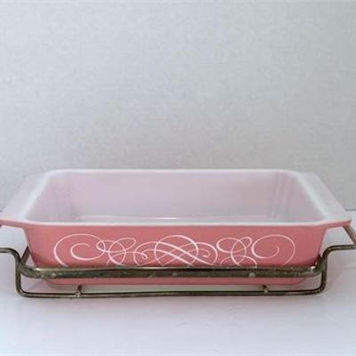 Pyrex Pink White Scroll Casserole .jpg