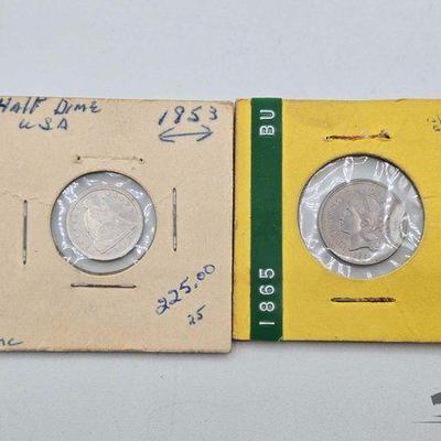 #702 • 1853 Seated Liberty Half Dime & 1865 3 Cent Nickel Coin
