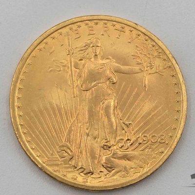 #550 • 1908 $20 Dollar American Eagle Gold Coin, 33.41g
