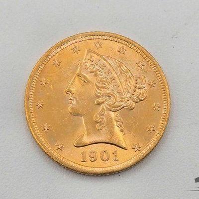 #556 • 1901 $5 Dollar Liberty Gold Coin, 8.36g
