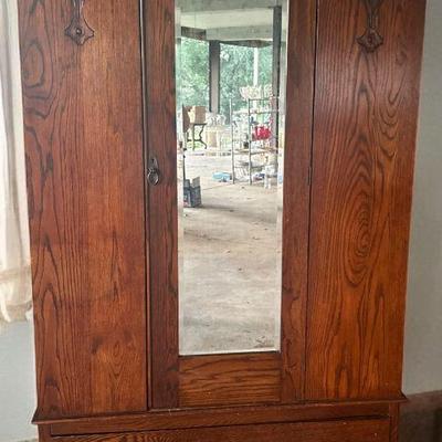 Antique hand carved oak wardrobe armoire