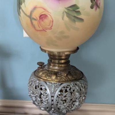 Antique converted parlor oil lamp with hand painted globe