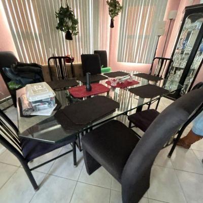 Glass Top Black Lacquer Dining Table and 6 chairs