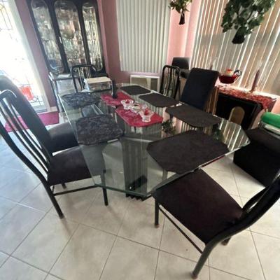 Glass Top Black Lacquer Dining Table and 6 chairs