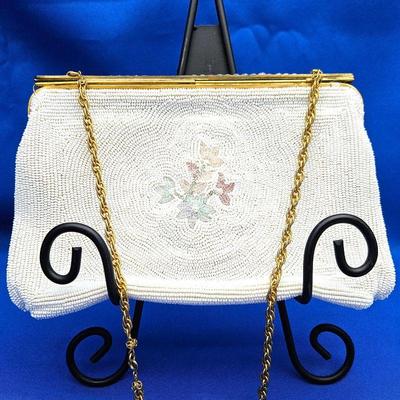  Stunning Vintage Micro Beaded Cocktail Purse w/ Pastel Floral Beading & 13" Drop Chain - Belgium