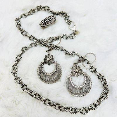  Sterling Silver Jewelry Set - Necklace, Earrings & Ring Sz 7.5