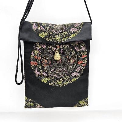  Vintage Chinese Silk Embroidery Crossbody Handbag - Black with Vibrant Colors and a Real Brass Bell Closure