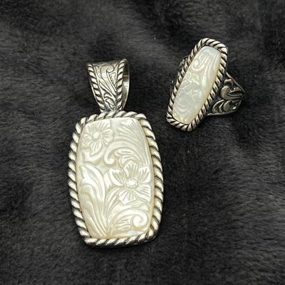 Lot #149 -Carolyn Pollack Relios Carved Mother of Pearl Floral Pendant and Matching Ring