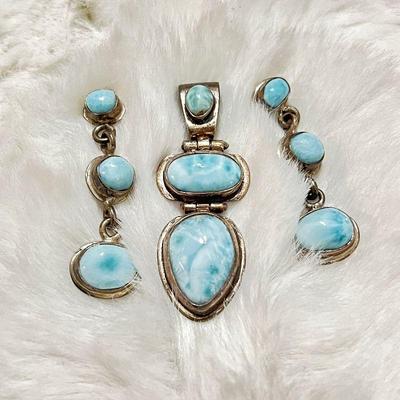  Handcrafted Sterling Silver Larimar Three Stone Pendant with Matching Earrings.