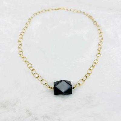 Chic Faceted Black Onyx Gemstone on an 14k Gold Chain Necklace