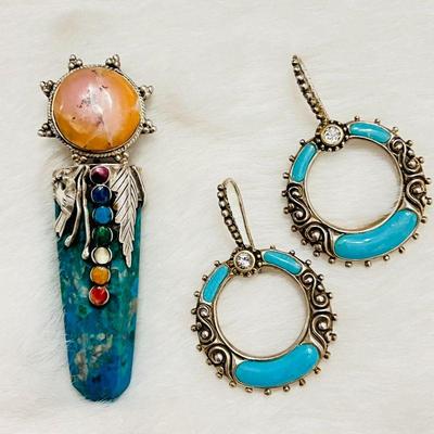 Hand Crafted Peruvian Inca Pendant w/ 7 Chakra Stones & Turquoise Pillar Gemstone- Plus Earring Set