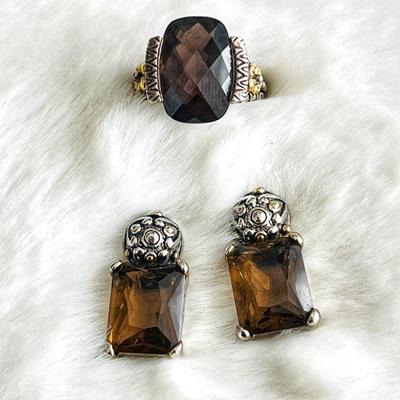 Elegant Smoky Quartz Jewelry Set - Sterling Silver & 18k Ring and Earrings