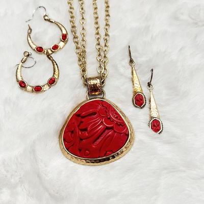 Barse Gold Tone Fashion Jewelry With Carved Cinnabar Accents