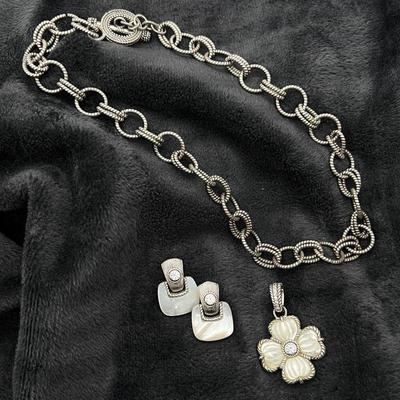 Lot #147 -JUDITH RIPKA STERLING Silver Mother of Pearl Clover Pendant with Matching Earrings