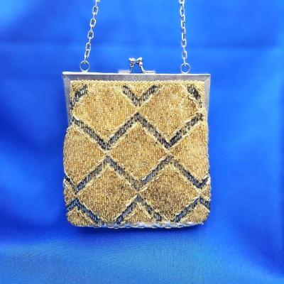 Lot #129 - Vintage Hand Beaded Hand Bag with Chevron Diamond Shape Pattern in Gold, Clear & Black Seed Beads