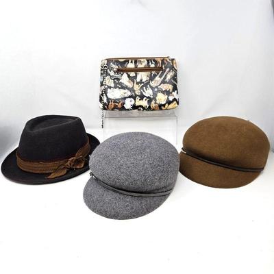 Lot of Three Hats and Sydney Love Clutch - Wool Fedora & (2) Nine West Newsboy Hats w/ Visors