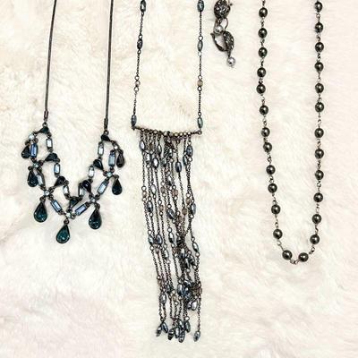 Elegant Sterling and Fashion Jewelry Lot - Assorted Necklaces with Blue Accents and Metallic Beads