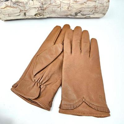 RALPH LAUREN Brown Leather Women's Gloves with Soft Lining - Size L