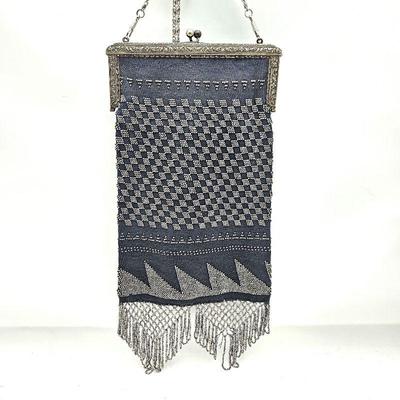 Victorian French Cut Steel Beaded Crossbody Purse - Ornate Kiss-Lock Frame with Matching Chain