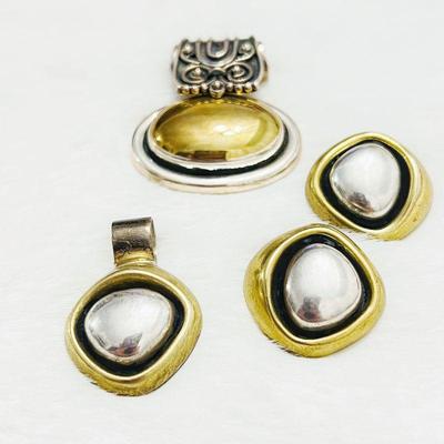 Sterling Silver & Brass Two-Tone Pendants and Earring Set