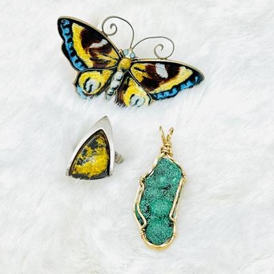 Unique Vintage Jewelry- David Andersen Butterfly Brooch, Baltic Honey Amber Ring, Malachite Pendant 