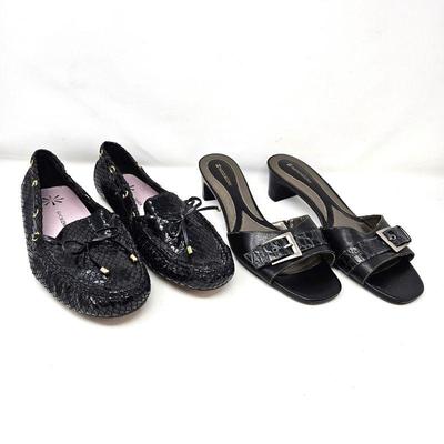  Two Pairs of Women's Black Loafers and Sandals by Isaac Mizrahi Live & Naturalizer - Both Size 11