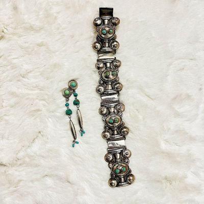 Vintage Hand Crafted Sterling Silver and Turquoise Hinged Panel Bracelet and Earrings Set 