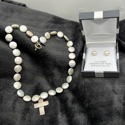 Lot #150 - Christy Lea Payne Jewelry ~ Handmade Cultured Freshwater Pearl Necklace w/ Cross & Pearl Earrings.