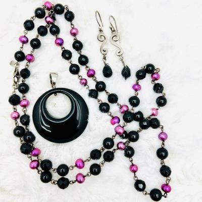 Whitney Kelly Onyx Gemstone and Purple Pearl Necklace with Earrings 