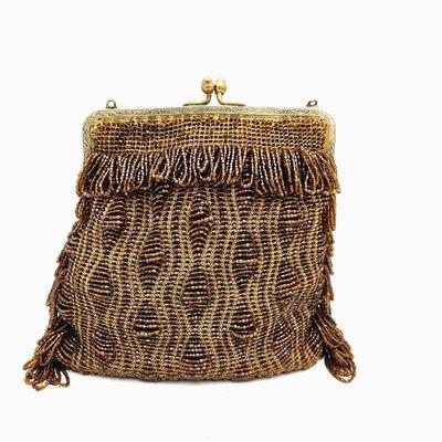Vintage Flapper Purse in Copper and Bronze Microbeading - Kiss Lock Frame w/ Original Lining - Christine Brand