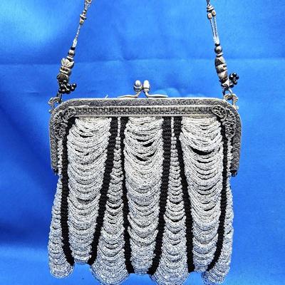  Antique Micro Beaded Flapper 20’s Purse Bag Engraved Design Black & Clear Drape - Beaded Chain 24" Drop