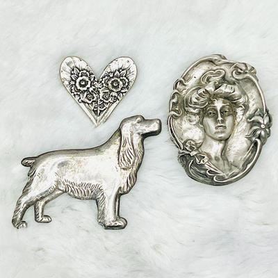  Vintage Silver Brooch Lot - Dog, Heart, and Woman - Two Pieces Sterling