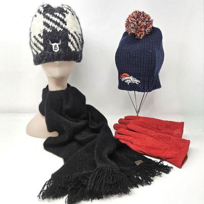 Winter Essentials: Bula Knit Winter Beanie in Black & White - Lambskin Red Gloves - Broncos Pom Beanie