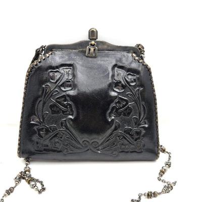 Vintage Molded Leather Crossbody Handbag - Black with Beaded Chain with a 24