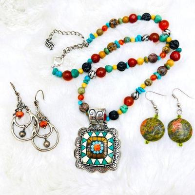 Lot #177 - Carolyn Pollack Sterling Silver Pendant & Necklace with Gorgeous Natural Gemstones & Earrings