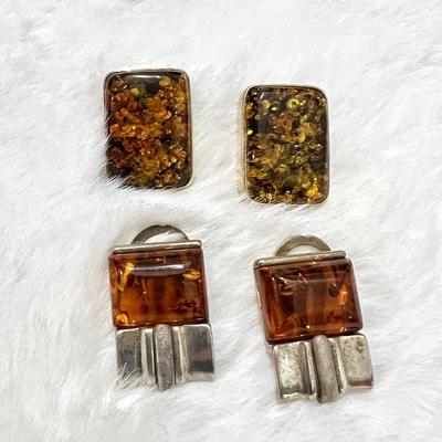 Sterling and Amber Earring Set - Vintage Rectangular and Square Clip-On Earrings