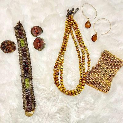  Assorted Earth Tone Lot: Beaded Necklace, Bracelets, Earrings, and Ring