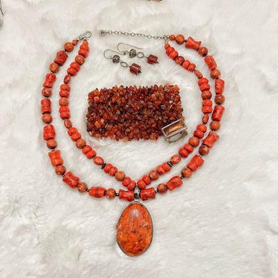  Barse double-strand chunky Coral necklace with a large oval pendant in sterling silver, a matching Barse Sterling ring , and carnelian...
